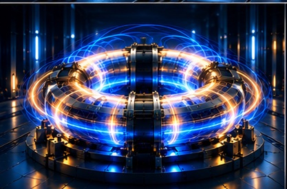 Conceptual toroidal ARC-inspired energy device with blue and gold illumination