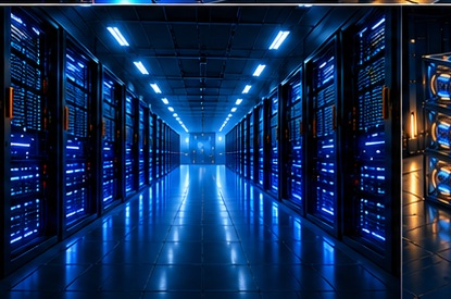 Modern blue-lit data center interior