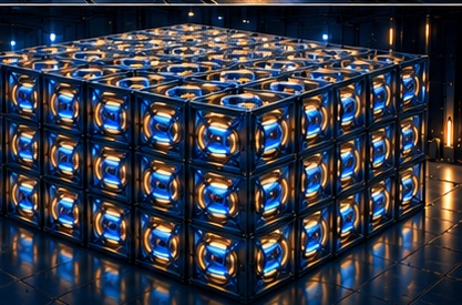 Concept illustration of tightly packed cubic ARC modules in three stacked layers, each showing a toroidal element