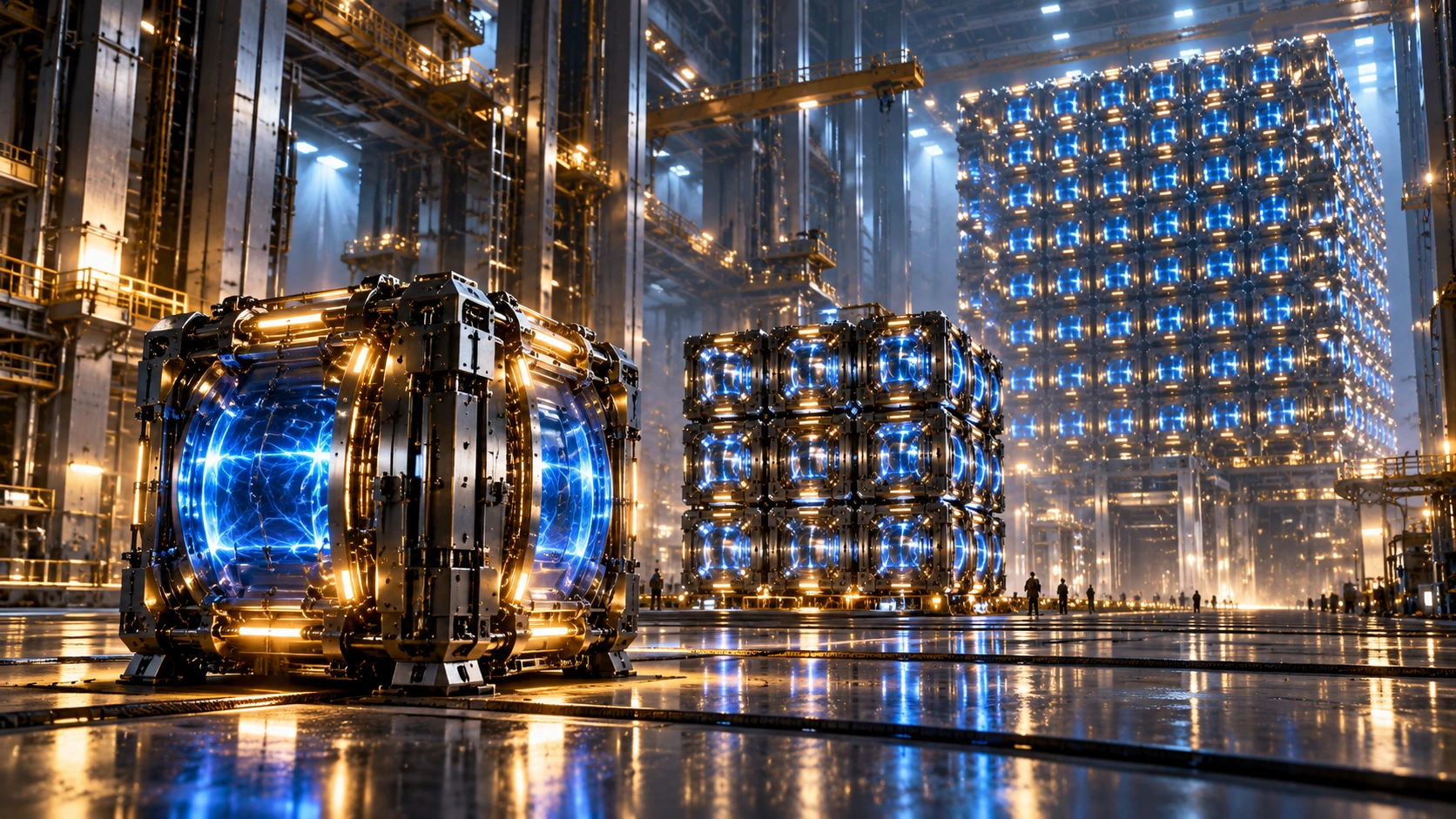 Conceptual toroidal ARC-inspired energy device with blue and gold illumination