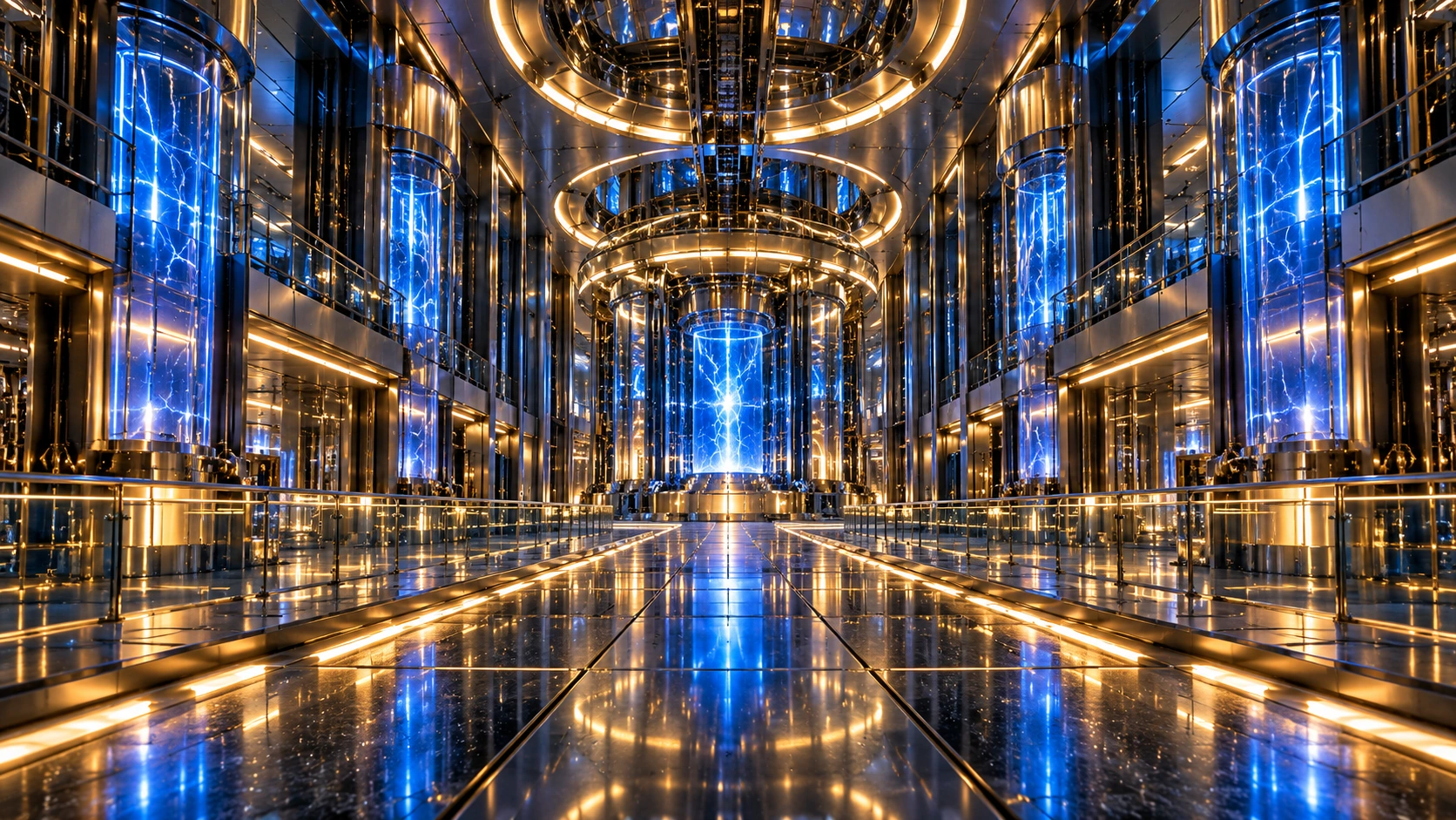 Conceptual photorealistic blue-and-gold energy research corridor