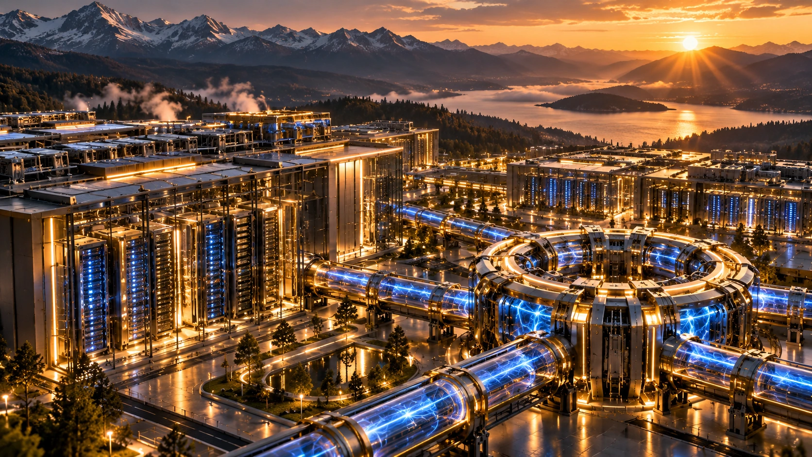 Conceptual photorealistic large data campus illuminated at sunrise