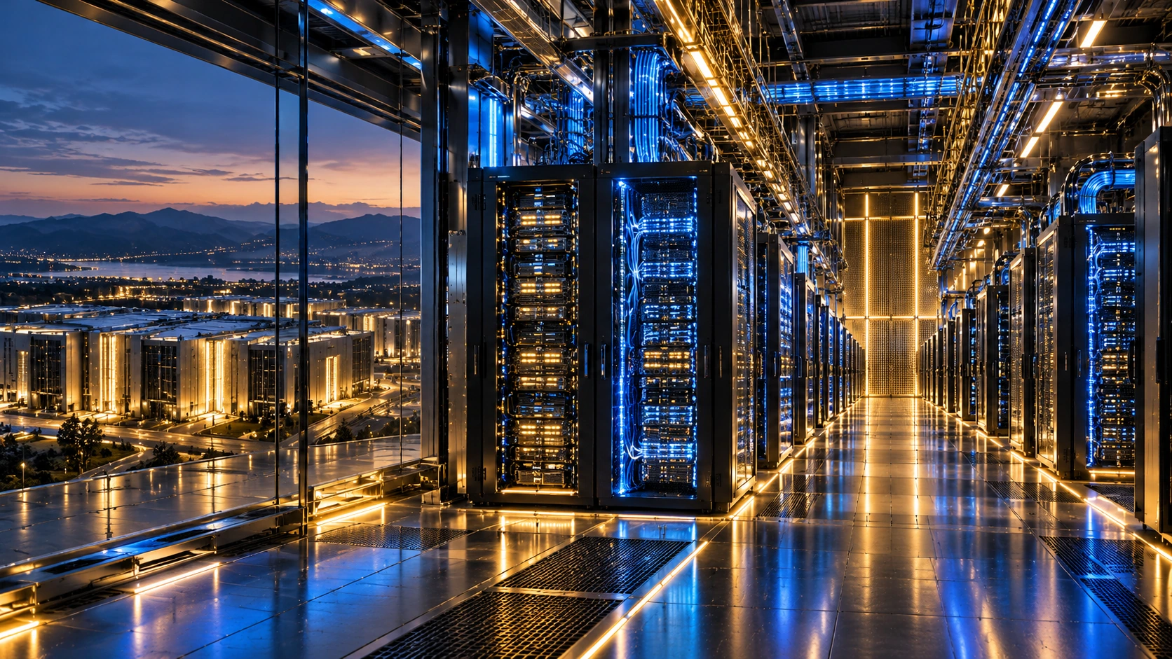 Conceptual photorealistic data center interior with illuminated server racks