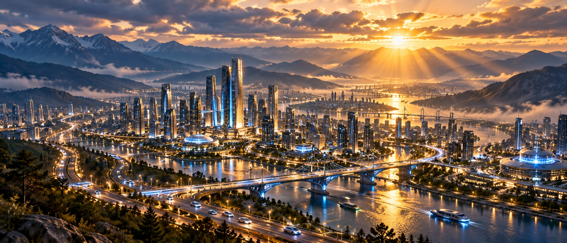 Panoramic illuminated city and surrounding infrastructure at dusk