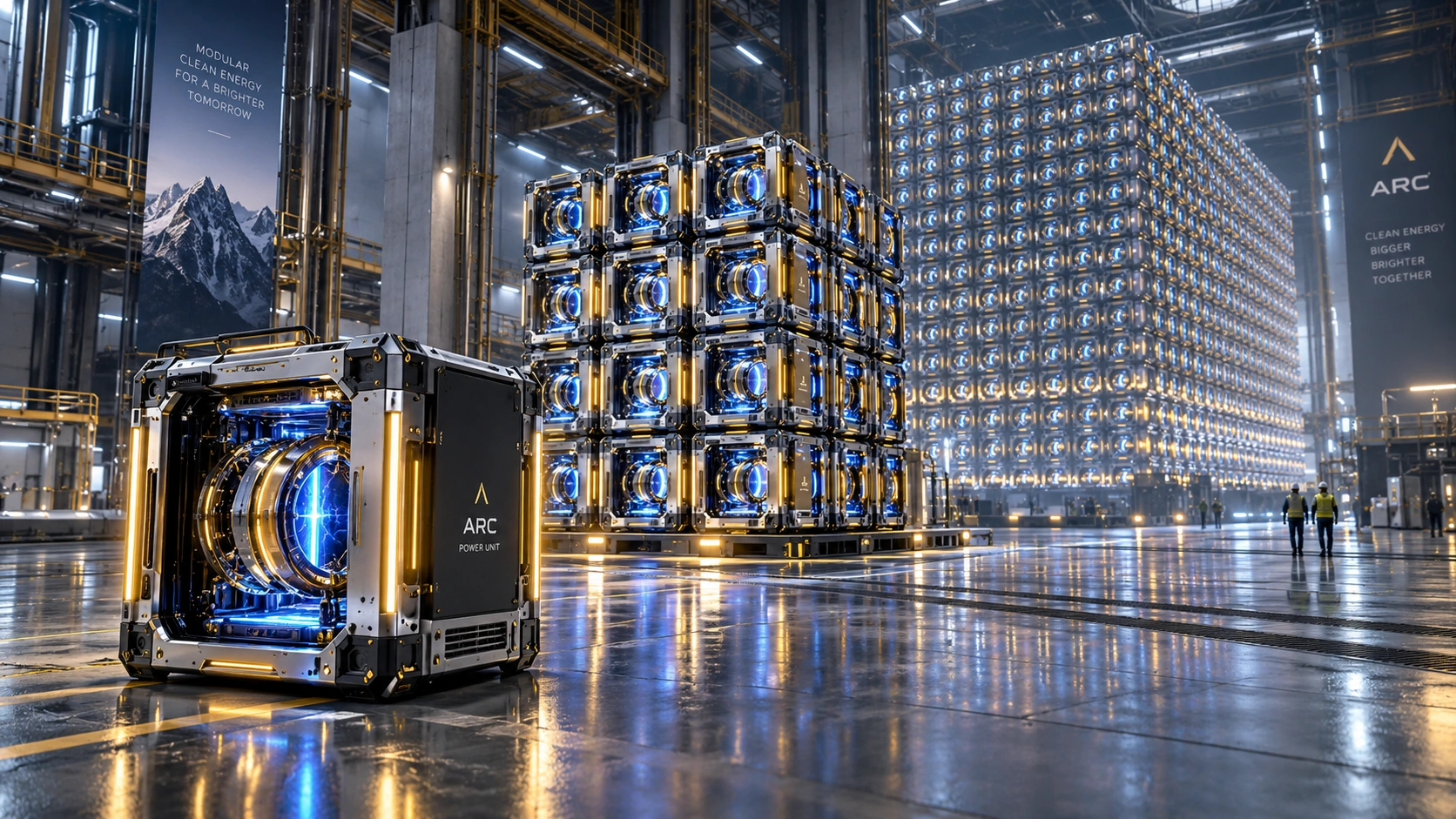 Conceptual three-stage modular ARC scalability illustration: one module, an intermediate cubic array, and a large cubic array receding into the distance