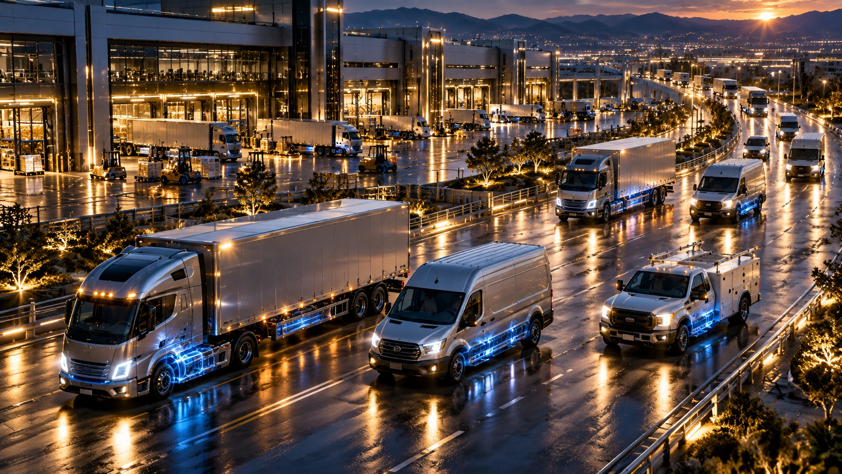 Conceptual cargo-hauling electric trucks and service vans at a logistics distribution facility, with power systems integrated into vehicles
