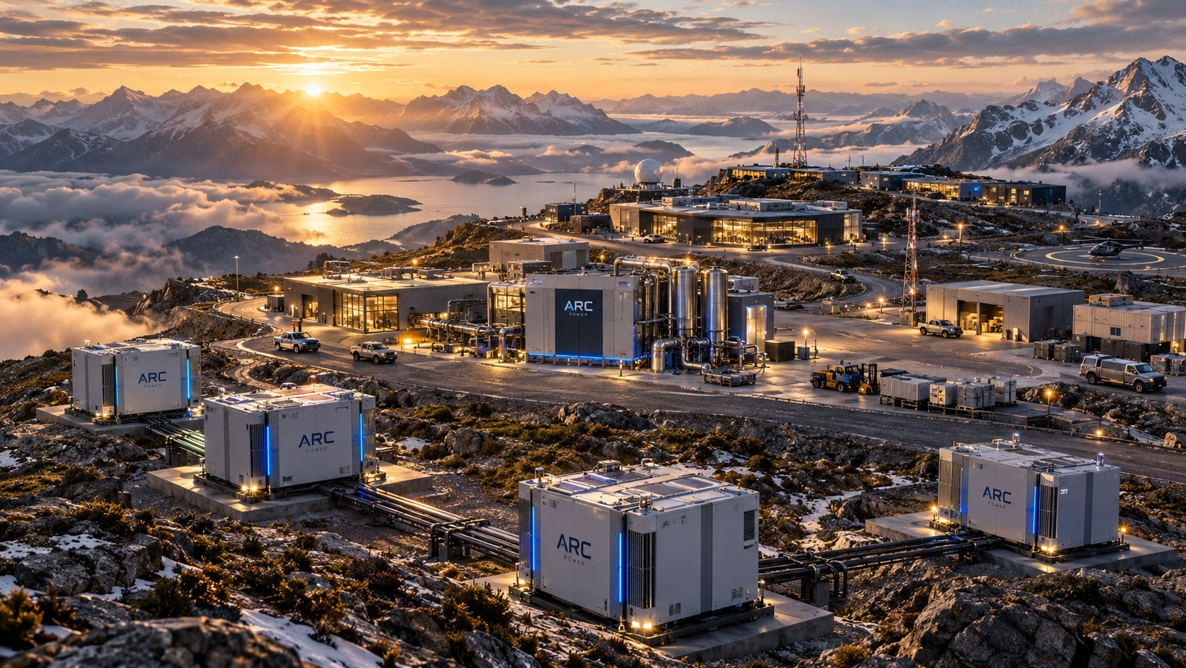 Photorealistic remote off-grid ARC-powered research and operations base in an alpine environment