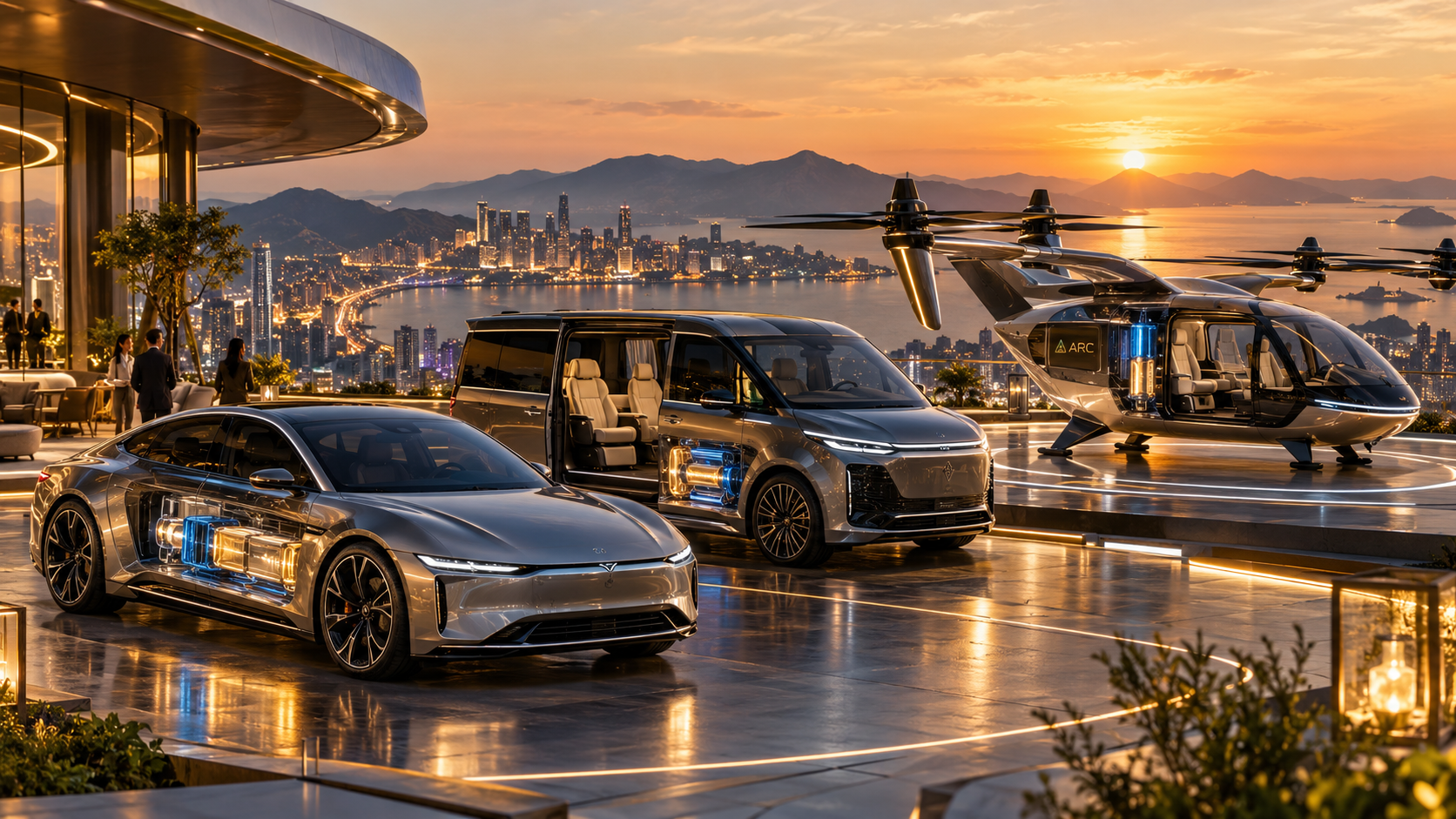 Photorealistic ARC-powered luxury passenger car, executive van, and eVTOL aircraft at a coastal mobility hub