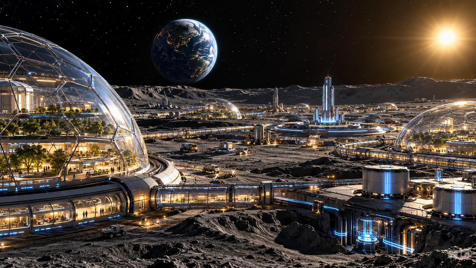 Conceptual ARC-powered lunar settlement with sealed habitats, transparent geodesic domes, operational structures, and Earth visible beyond the lunar horizon