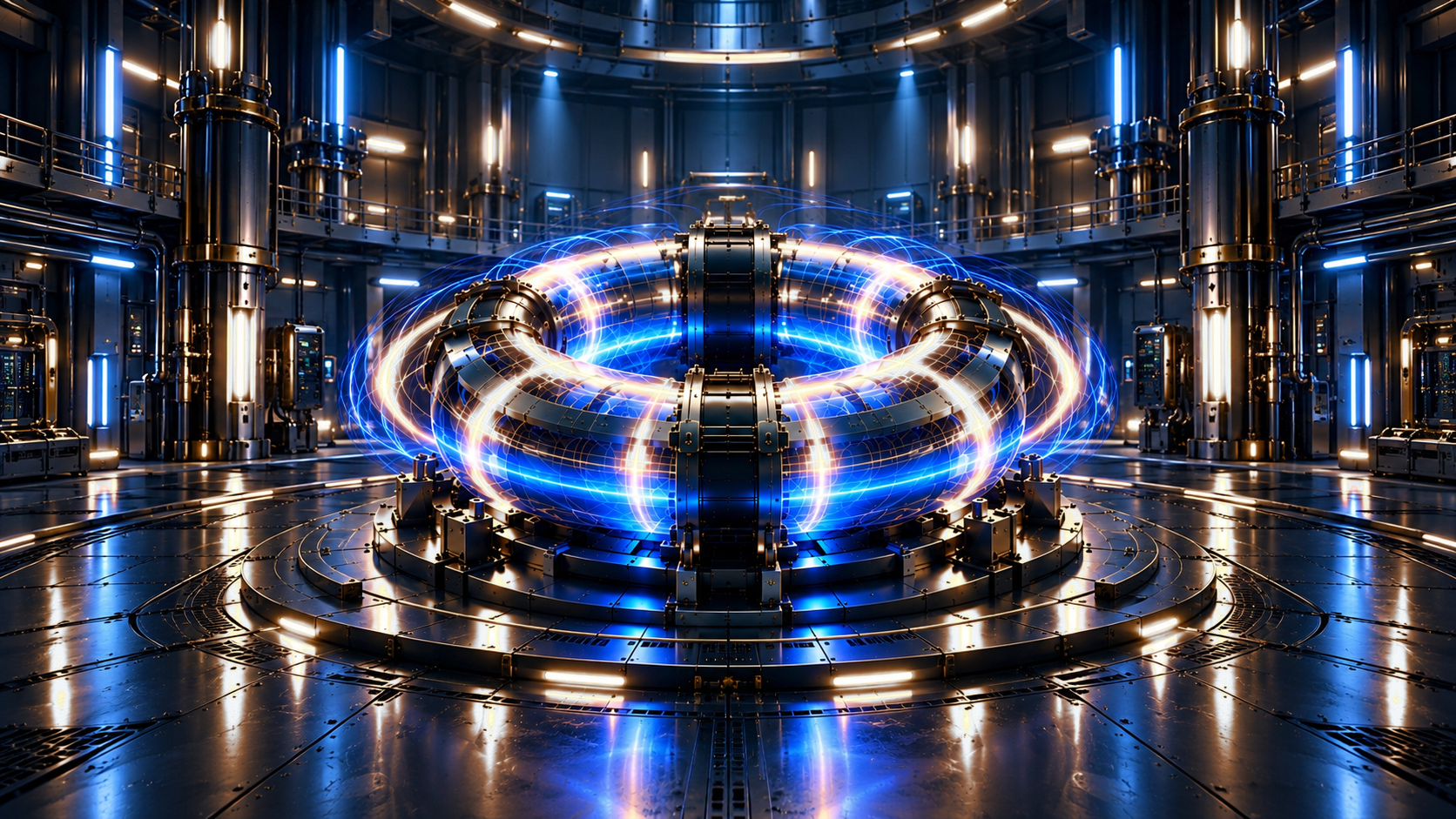 Conceptual single Nucleus ARC toroid with four coupling assemblies and blue-gold electromagnetic illumination