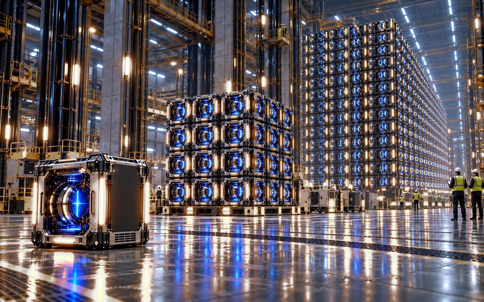 Conceptual three-stage modular ARC scalability illustration: one module, an intermediate cubic array, and a large cubic array receding into the distance