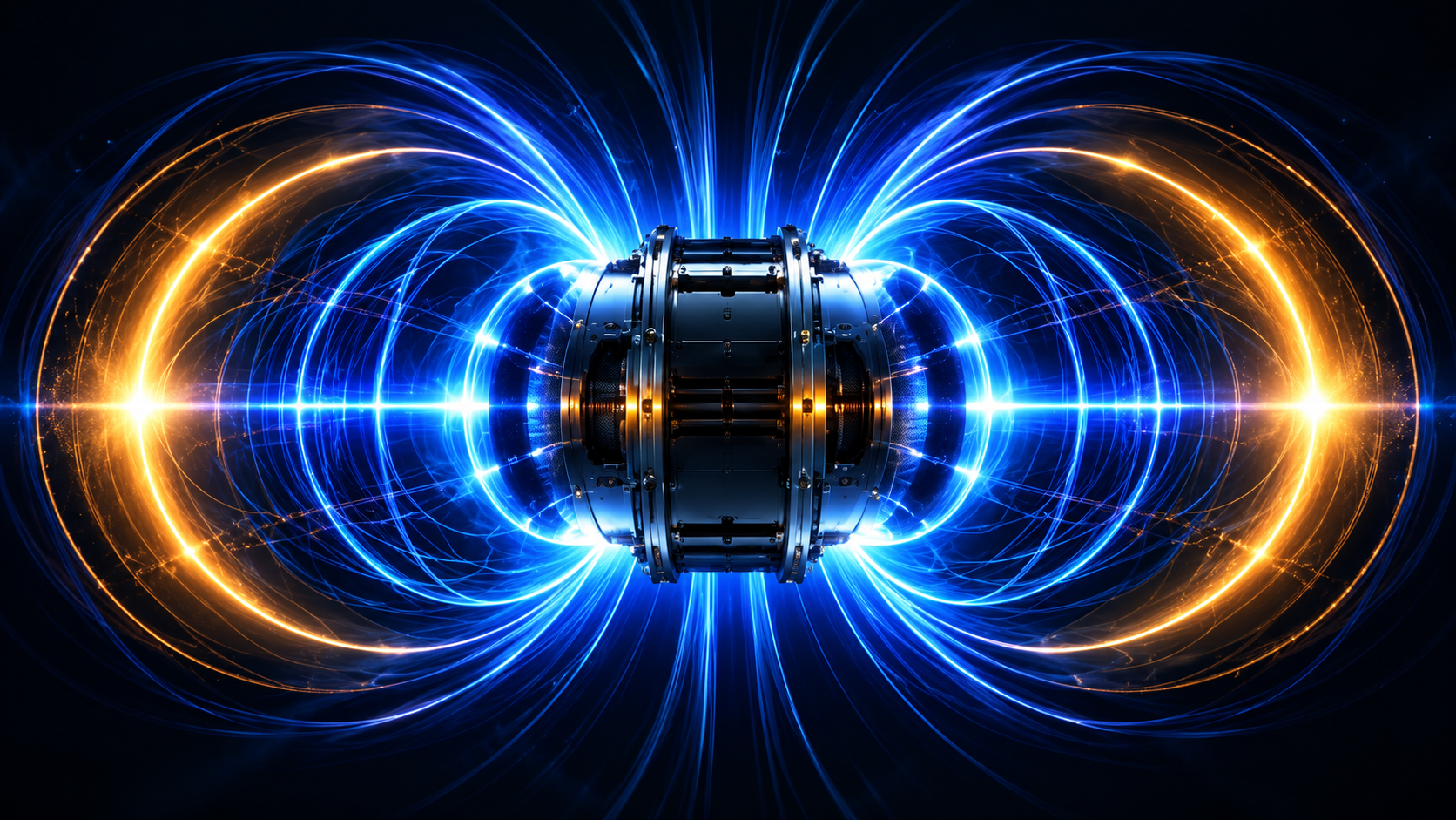 Hyper-photo-realistic ARC field visualization with a central toroidal core and balanced blue electromagnetic field structure