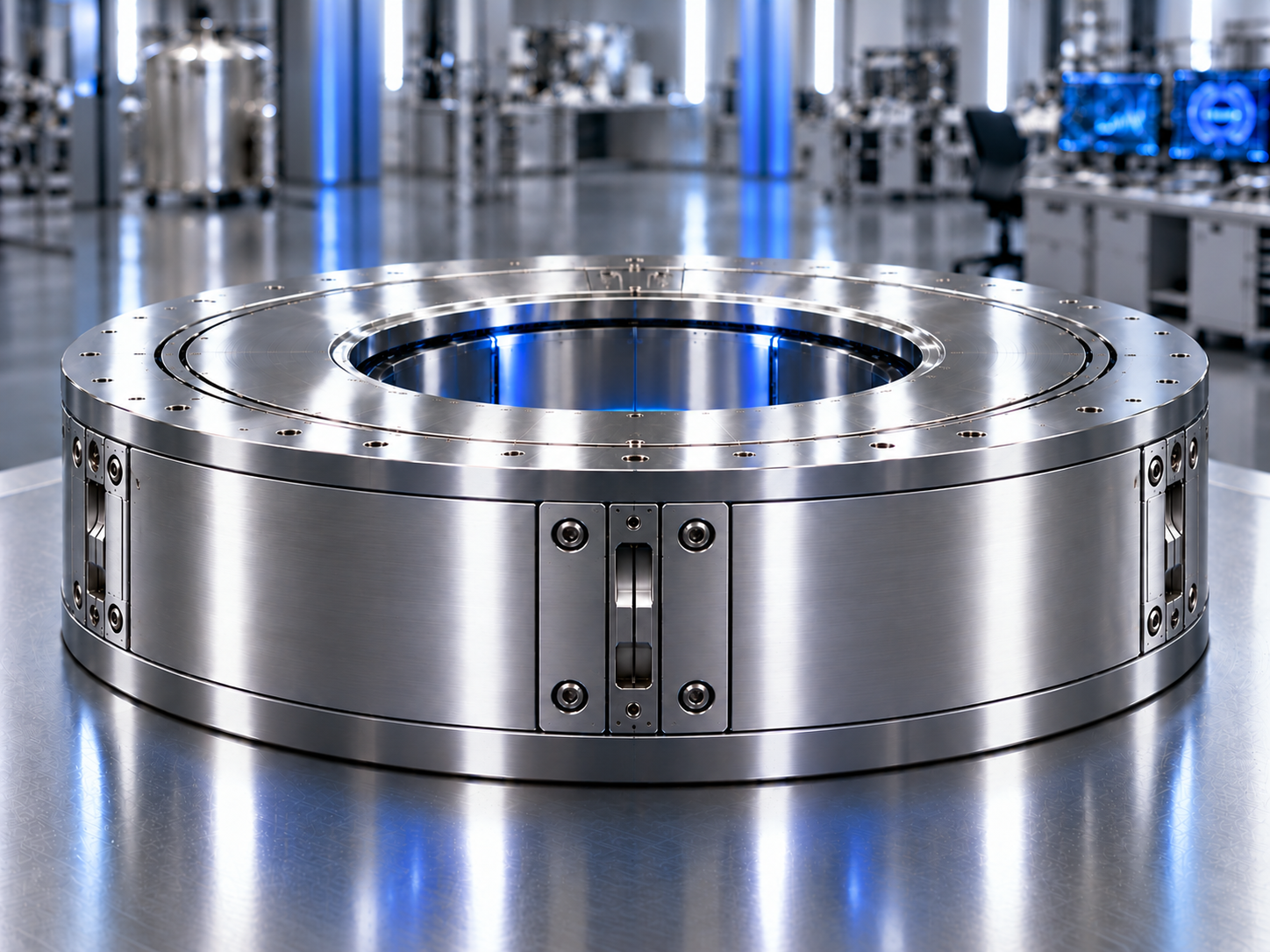 Photorealistic enclosed Nucleus ARC toroidal unit with brushed stainless-steel housing, hollow central opening, and no exterior LED light strips