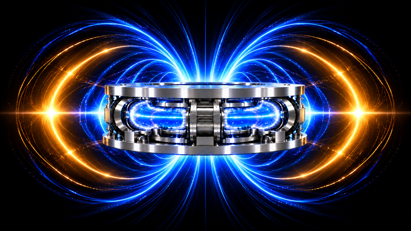 Straight-on ARC field visualization with a lidded exposed toroidal unit centered against a black background with blue and gold electromagnetic field effects