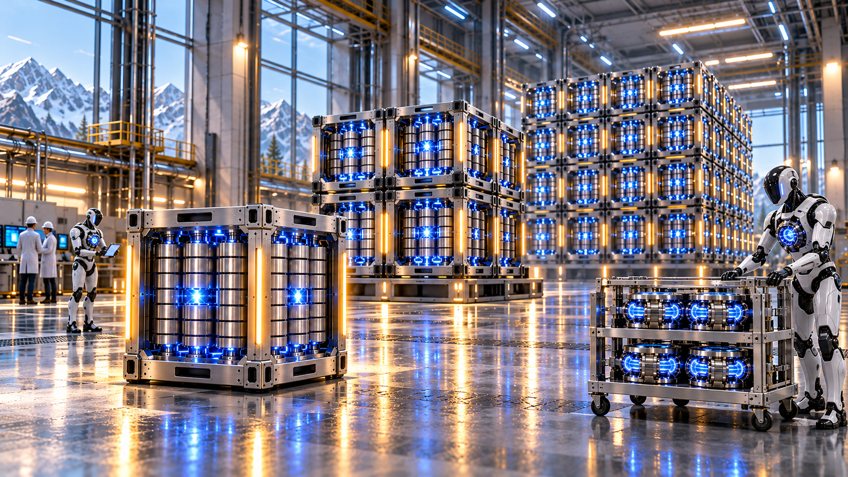 Conceptual modular Nucleus ARC factory scene with one cubic power module, larger multi-module arrays, ARC-powered robots and a cart of individual ARC units